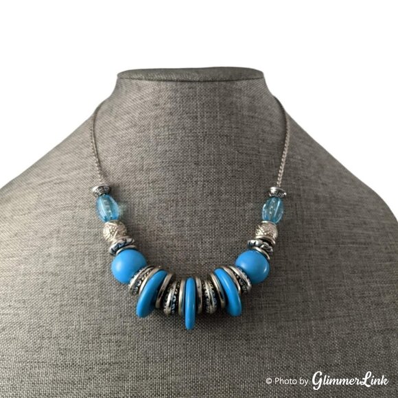 Blue & Silver Tone Slide Beads Statement Necklace - Picture 2 of 7